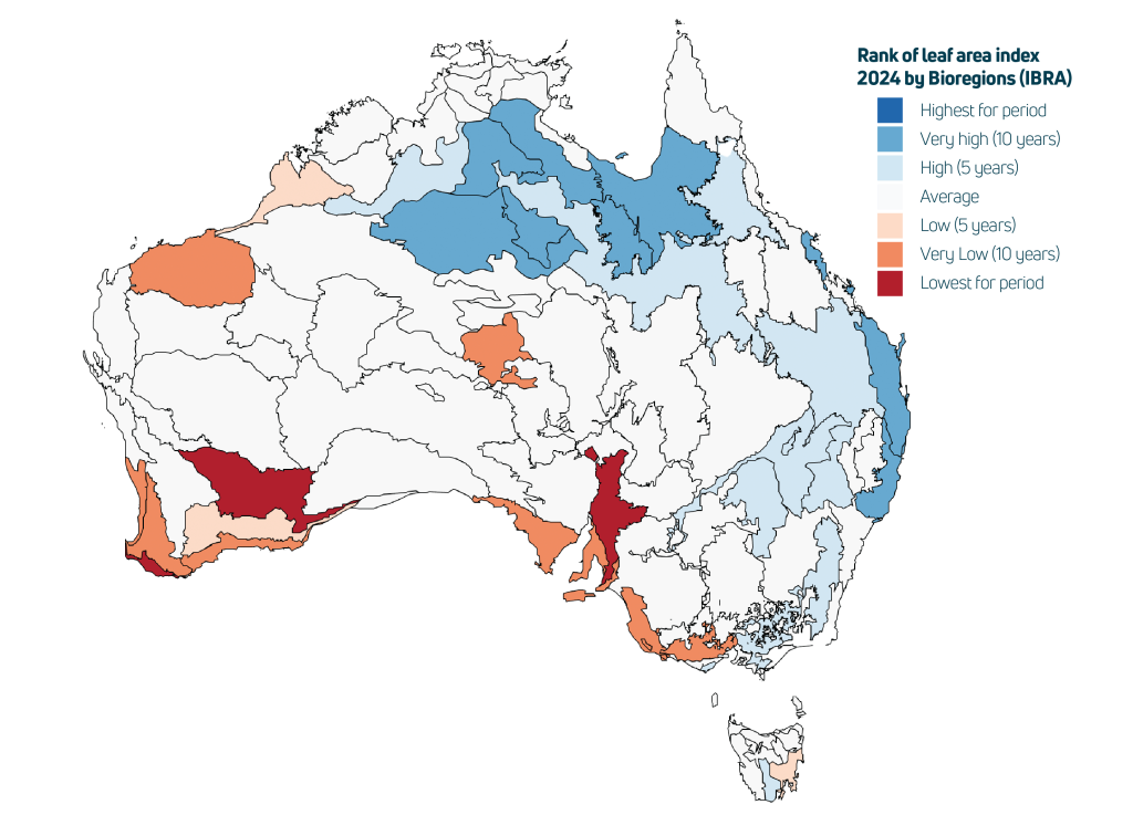 Rank of leaf area index by bioregion