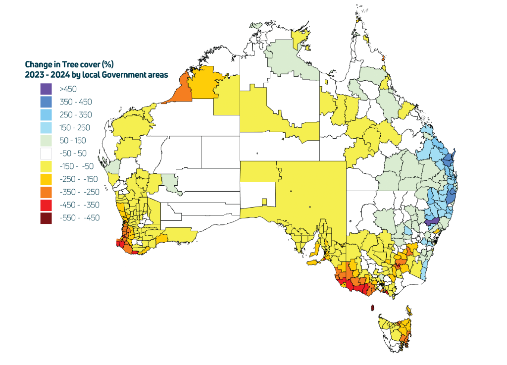Percent woody canopy cover change from 2023 to 2024 by local government area
